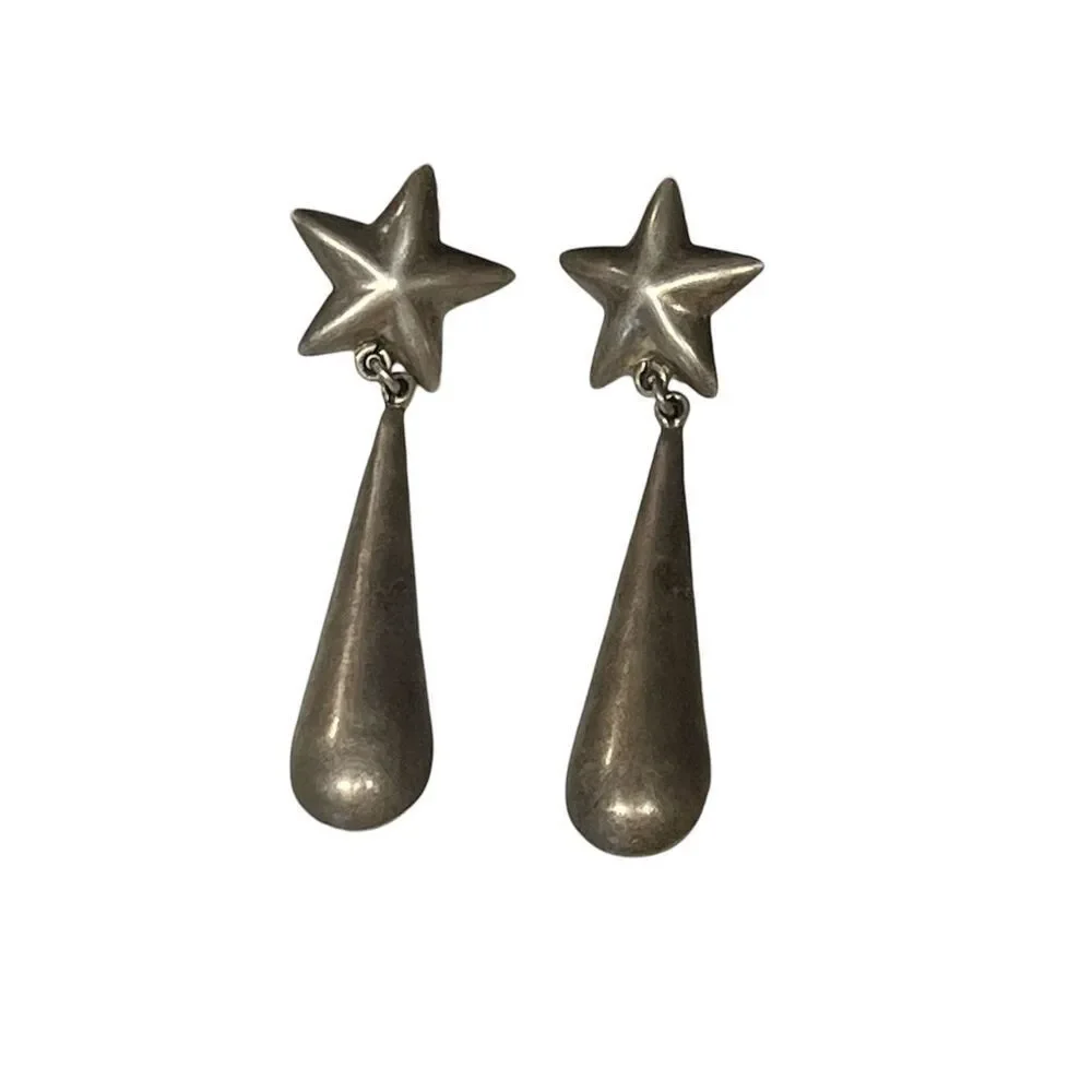SOLD Rare Taxco Sterling Silver Star Drop Earrings Vintage 1970s - Picture 1 of 11